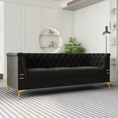 Divano Chesterfield in velluto da 82'' a 3 posti con gambe in metallo dorato, spugna ad alto rimbalzo e cuscini rimovibili