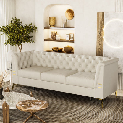 Divano Chesterfield in velluto da 82'' a 3 posti con gambe in metallo dorato, spugna ad alto rimbalzo e cuscini rimovibili