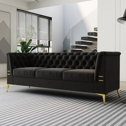 Divano Chesterfield in velluto da 82'' a 3 posti con gambe in metallo dorato, spugna ad alto rimbalzo e cuscini rimovibili