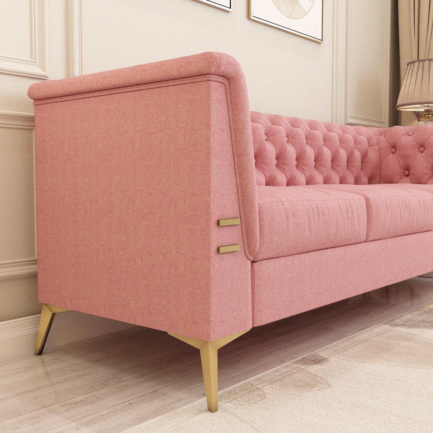 Divano Chesterfield in velluto da 82'' a 3 posti con gambe in metallo dorato, spugna ad alto rimbalzo e cuscini rimovibili