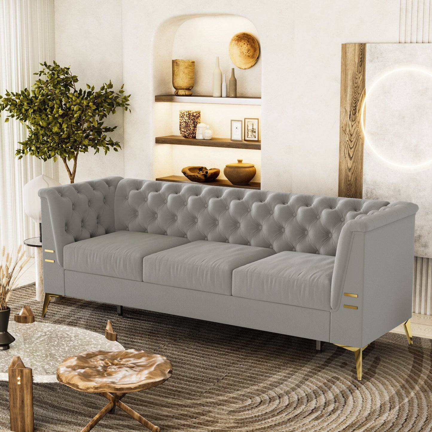 Divano Chesterfield in velluto da 82'' a 3 posti con gambe in metallo dorato, spugna ad alto rimbalzo e cuscini rimovibili