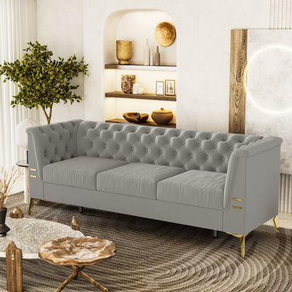 Divano Chesterfield in velluto da 82'' a 3 posti con gambe in metallo dorato, spugna ad alto rimbalzo e cuscini rimovibili