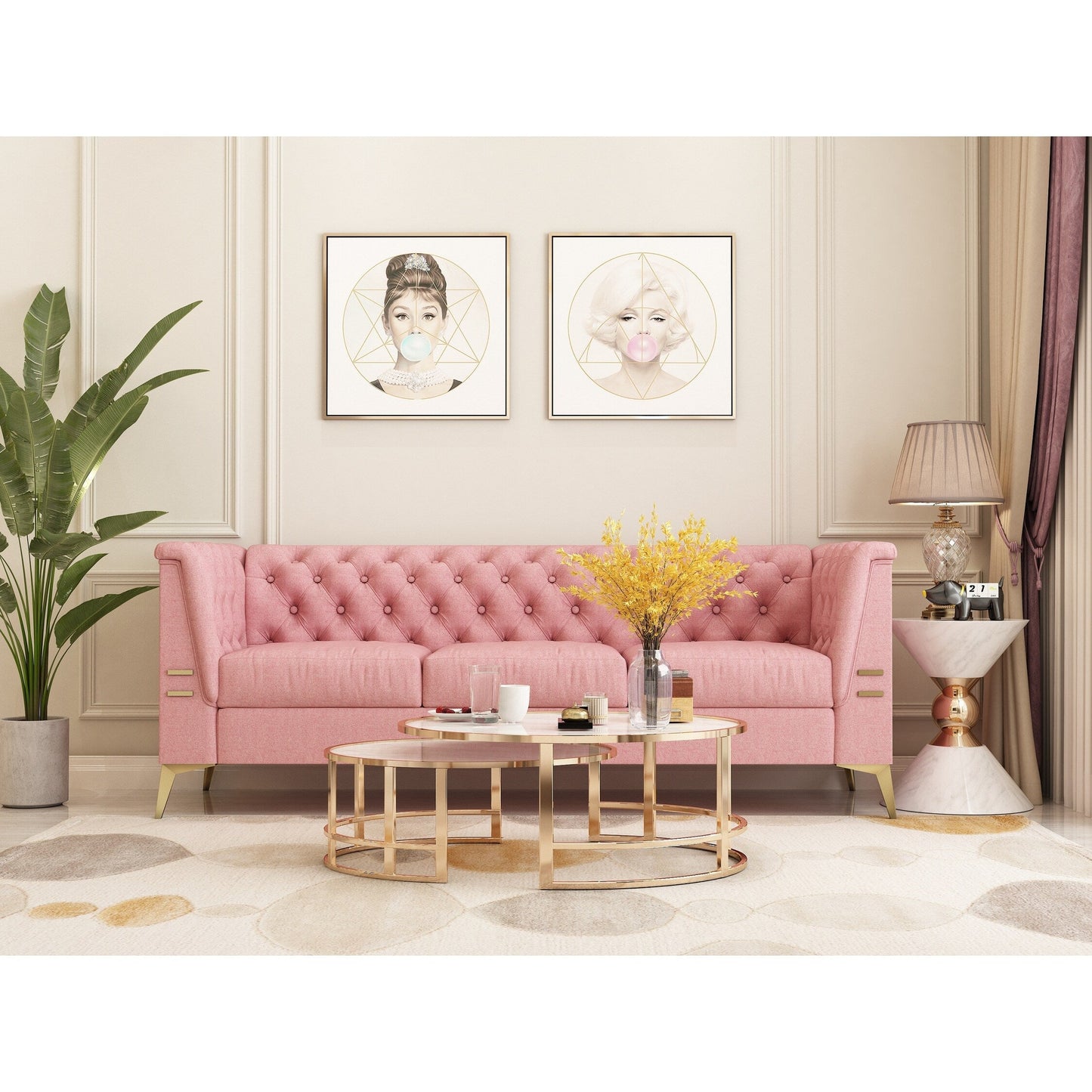 Divano Chesterfield in velluto da 82'' a 3 posti con gambe in metallo dorato, spugna ad alto rimbalzo e cuscini rimovibili