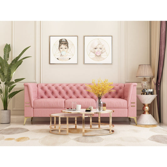 Divano Chesterfield in velluto da 82'' a 3 posti con gambe in metallo dorato, spugna ad alto rimbalzo e cuscini rimovibili