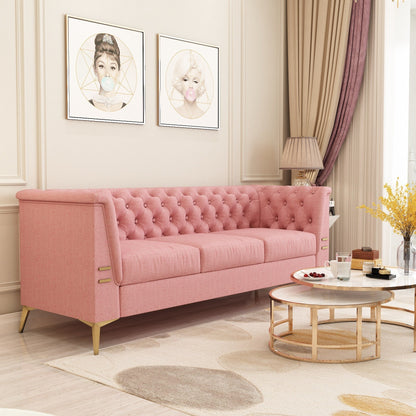 Divano Chesterfield in velluto da 82'' a 3 posti con gambe in metallo dorato, spugna ad alto rimbalzo e cuscini rimovibili