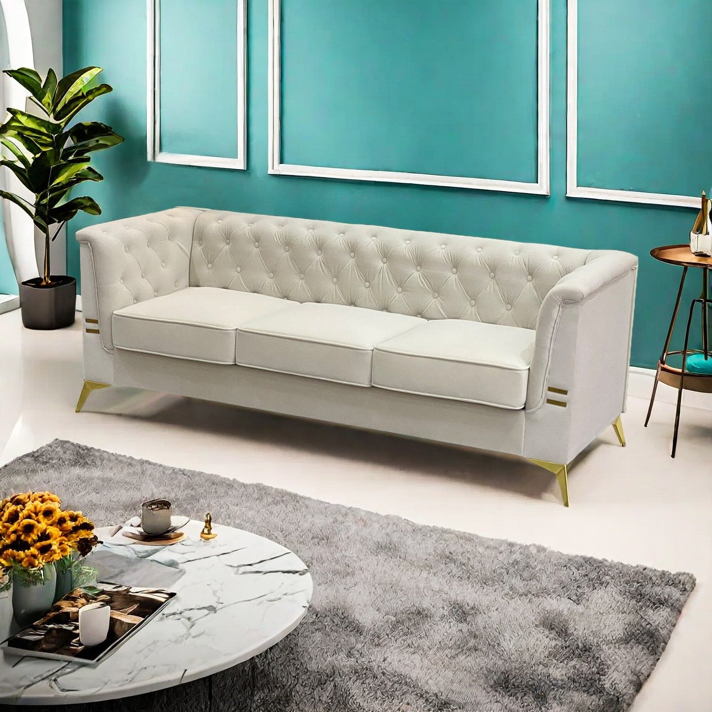 Divano Chesterfield in velluto da 82'' a 3 posti con gambe in metallo dorato, spugna ad alto rimbalzo e cuscini rimovibili