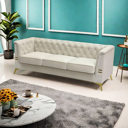 Divano Chesterfield in velluto da 82'' a 3 posti con gambe in metallo dorato, spugna ad alto rimbalzo e cuscini rimovibili
