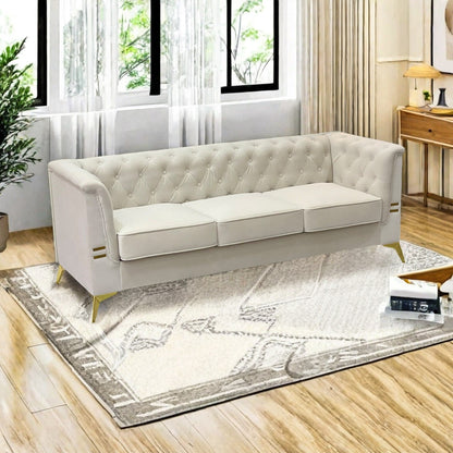 Divano Chesterfield in velluto da 82'' a 3 posti con gambe in metallo dorato, spugna ad alto rimbalzo e cuscini rimovibili