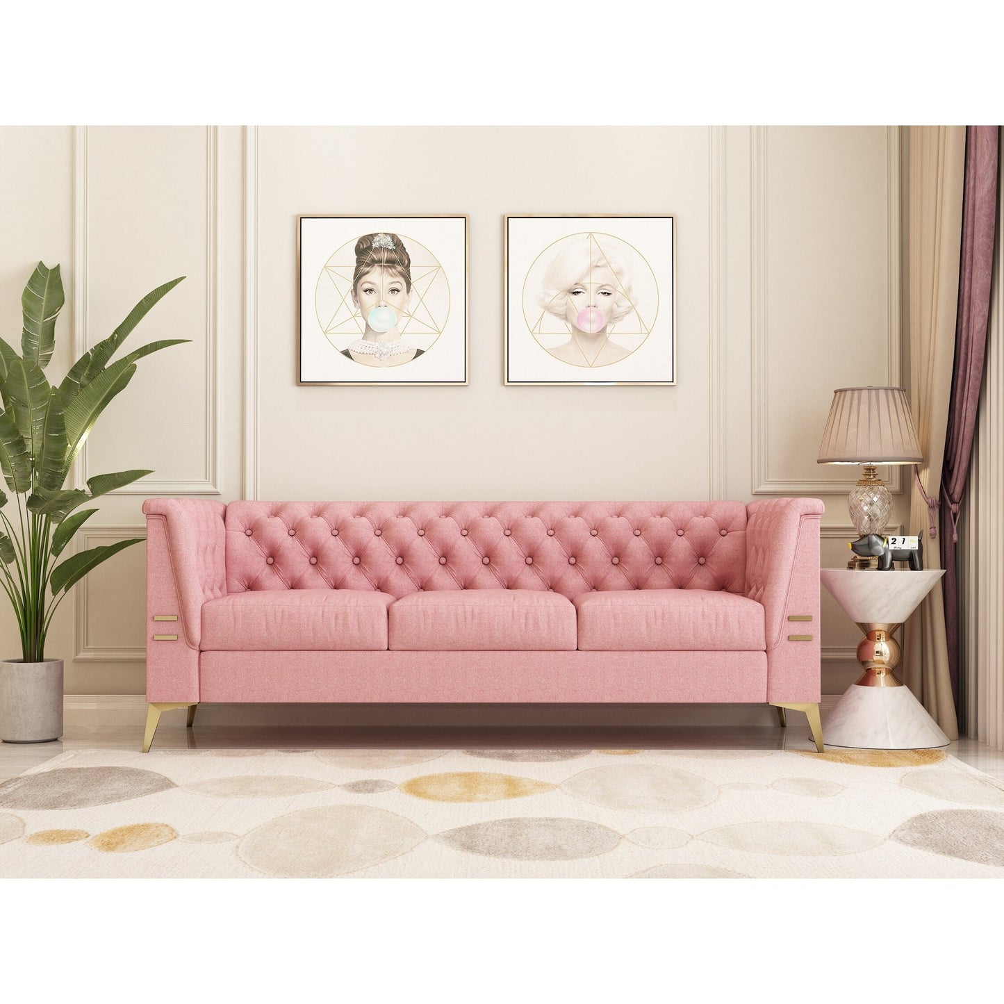 Divano Chesterfield in velluto da 82'' a 3 posti con gambe in metallo dorato, spugna ad alto rimbalzo e cuscini rimovibili