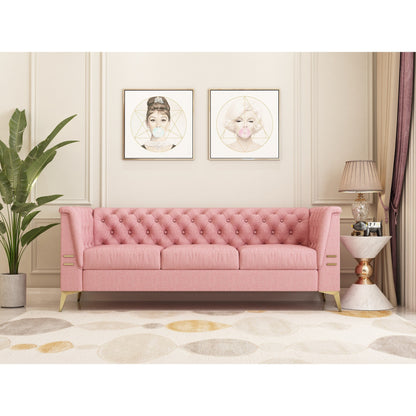 Divano Chesterfield in velluto da 82'' a 3 posti con gambe in metallo dorato, spugna ad alto rimbalzo e cuscini rimovibili