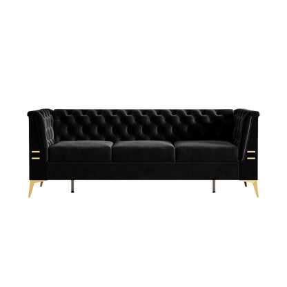 Divano Chesterfield in velluto da 82'' a 3 posti con gambe in metallo dorato, spugna ad alto rimbalzo e cuscini rimovibili