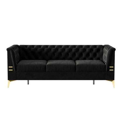 Divano Chesterfield in velluto da 82'' a 3 posti con gambe in metallo dorato, spugna ad alto rimbalzo e cuscini rimovibili