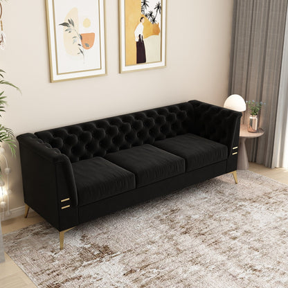 Divano Chesterfield in velluto da 82'' a 3 posti con gambe in metallo dorato, spugna ad alto rimbalzo e cuscini rimovibili