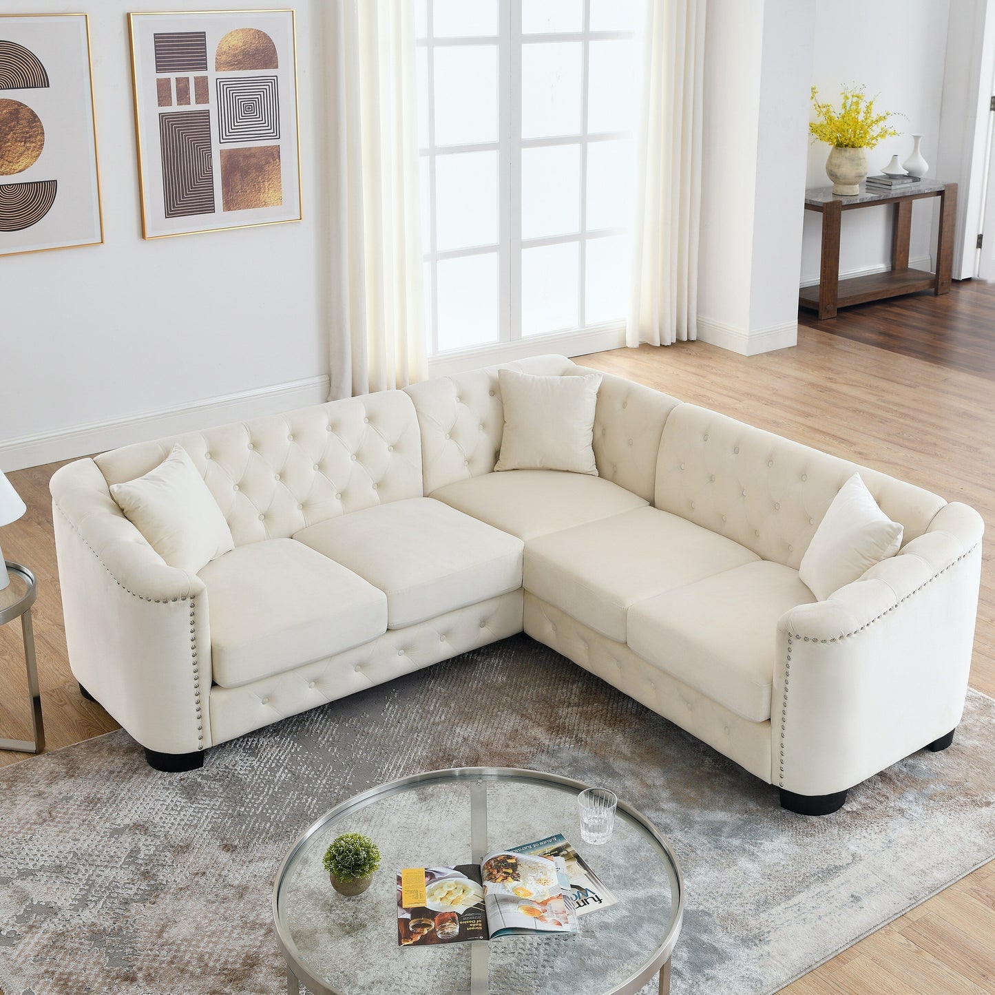 Divano angolare Chesterfield in velluto da 82'', 5 posti a L con finiture a borchie, cuscini rimovibili e base in legno massello