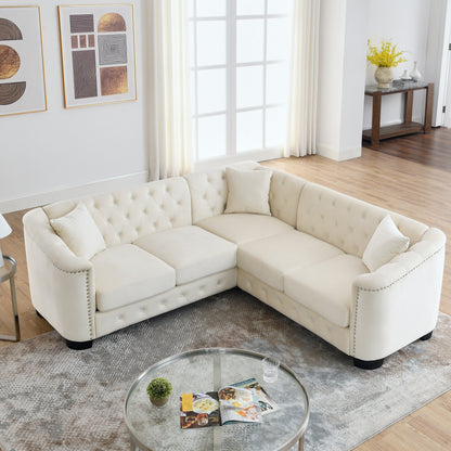 Divano angolare Chesterfield in velluto da 82'' a forma di L, 5 posti, con 3 cuscini, finiture con borchie e cuscini rimovibili, struttura in legno massello