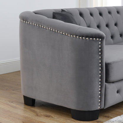 Divano angolare Chesterfield in velluto da 82'' a forma di L, 5 posti, con 3 cuscini, finiture con borchie e cuscini rimovibili, struttura in legno massello