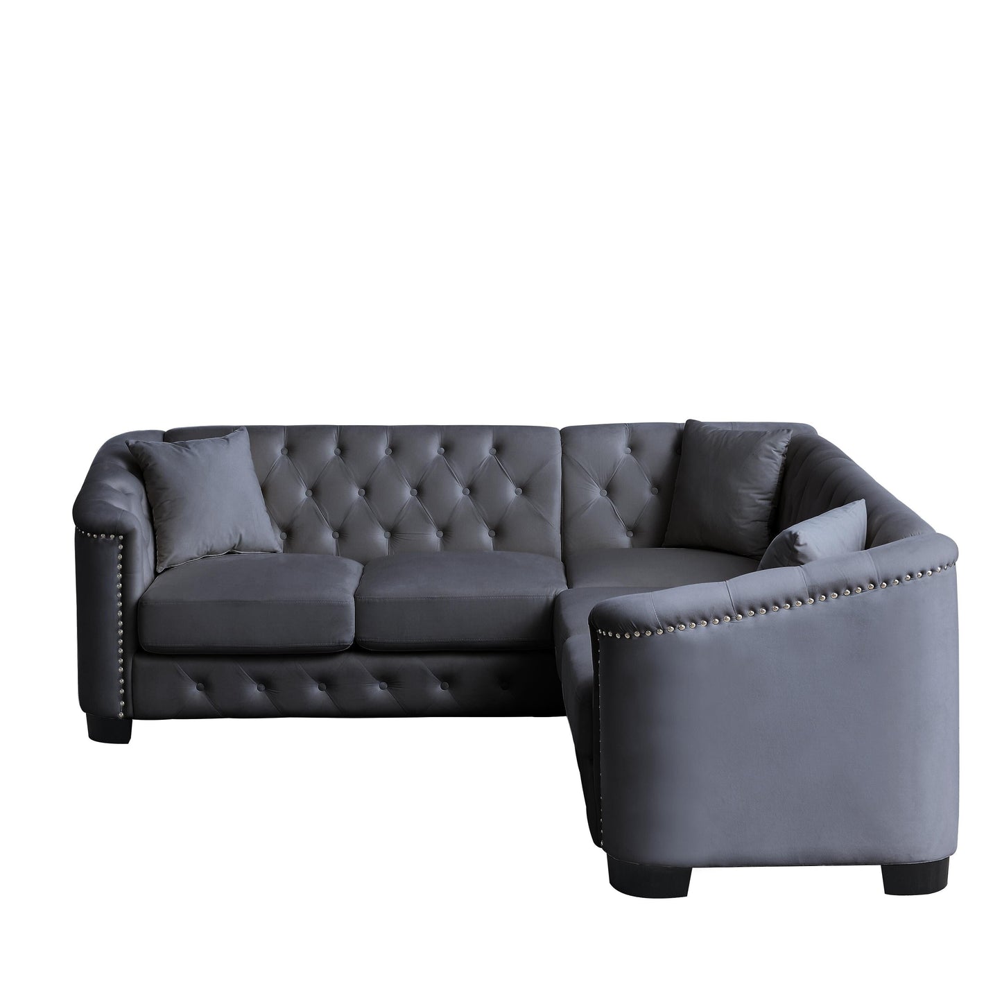 Divano angolare Chesterfield in velluto da 82'' a forma di L, 5 posti, con 3 cuscini, finiture con borchie e cuscini rimovibili, struttura in legno massello
