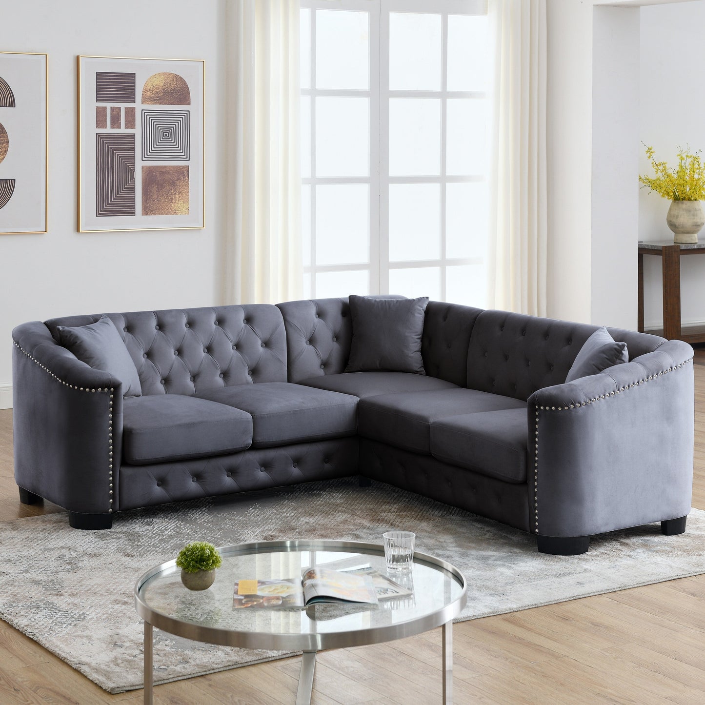 Divano Chesterfield a L in velluto da 82'' a 5 posti con finiture a borchie, cuscini rimovibili e 3 cuscini