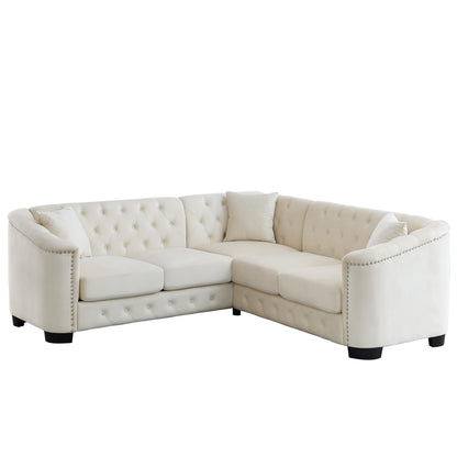 Divano angolare Chesterfield in velluto da 82'' a forma di L con 3 cuscini, cuscini rimovibili e finiture con borchie