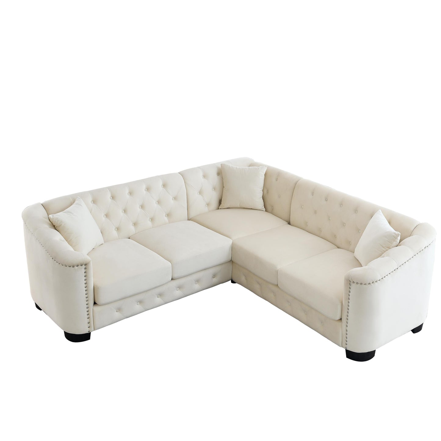 Divano angolare Chesterfield in velluto da 82'' a forma di L con 3 cuscini, cuscini rimovibili e finiture con borchie