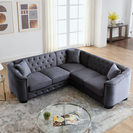 Divano angolare Chesterfield in velluto da 82'' a forma di L, 5 posti con finiture a borchie, cuscini rimovibili e struttura in legno massello
