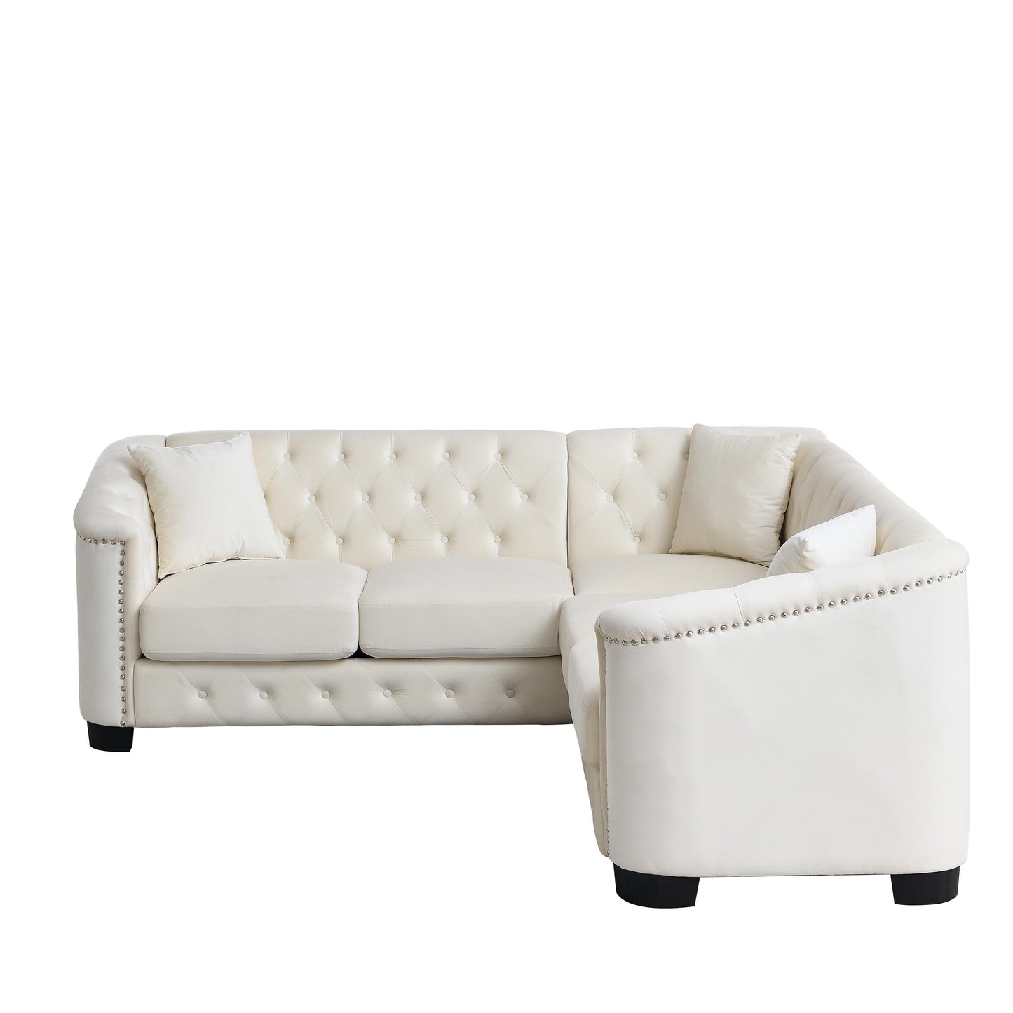 Divano Chesterfield a L in velluto da 82'' con cuscini rimovibili, 5 posti, finiture con borchie e struttura in legno massello