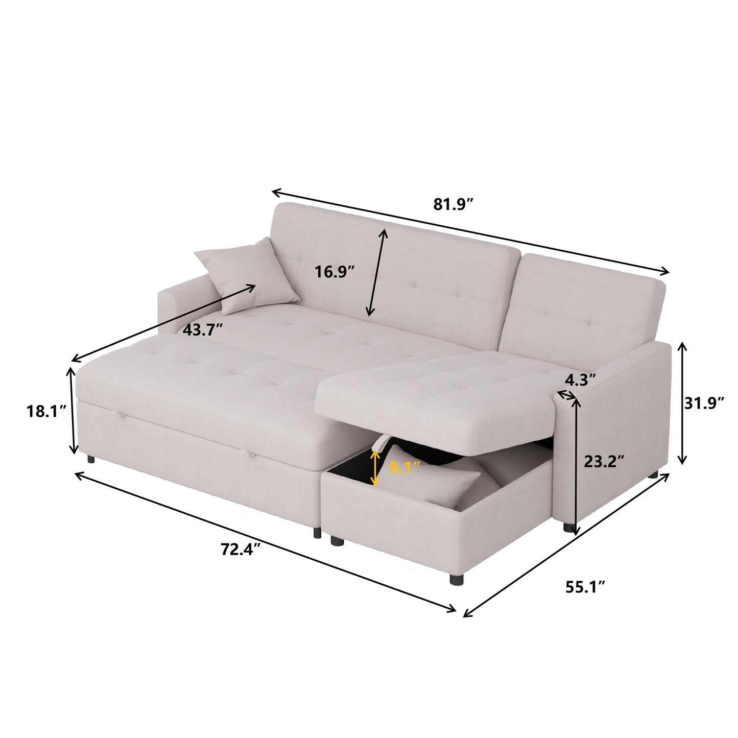 Divano letto reversibile e chaise longue da 82'' di larghezza