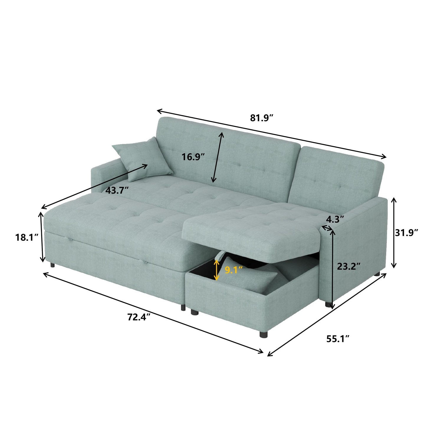 Divano letto reversibile e chaise longue da 82'' di larghezza