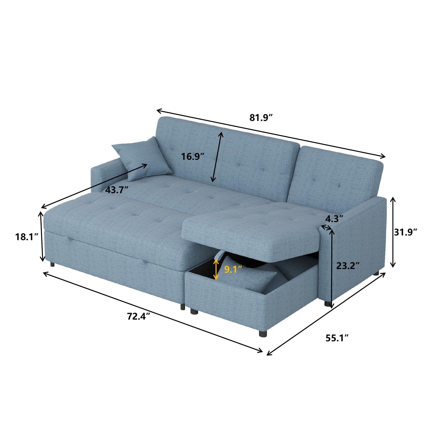 Divano letto reversibile e chaise longue da 82'' di larghezza