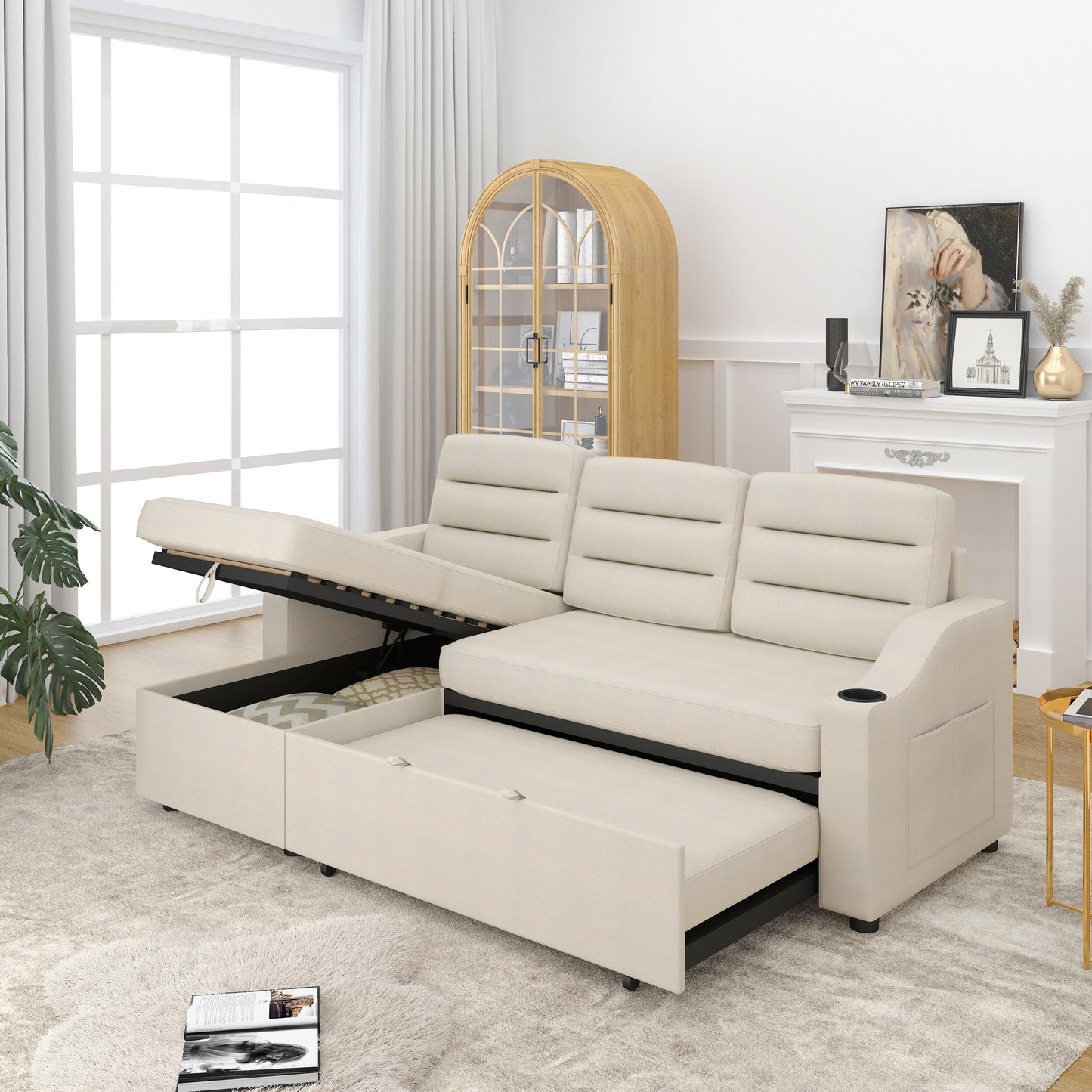 Divano letto trasformabile in poliestere da 83,5'' a 3 posti con letto estraibile, poltrona reclinabile con contenitore, portabicchieri e tasche laterali