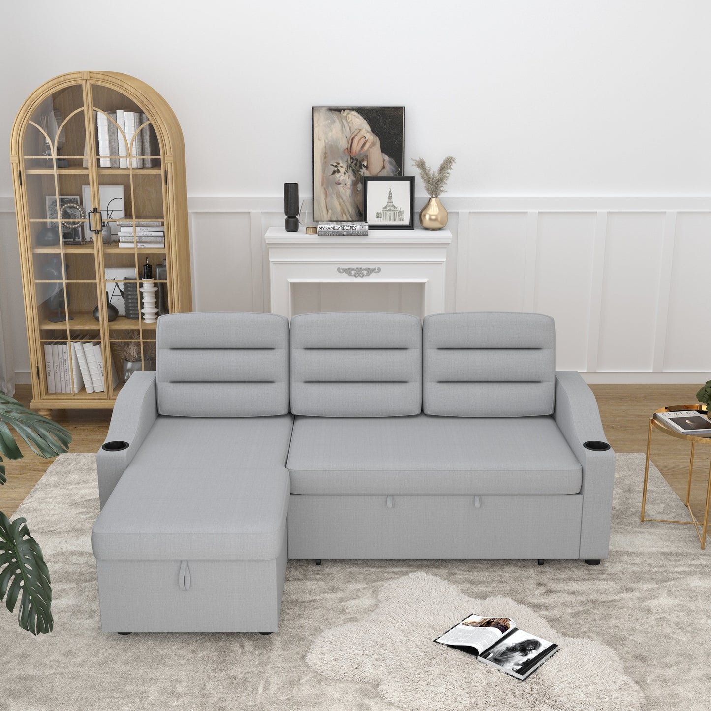 Divano letto trasformabile in poliestere da 83,5'' a 3 posti con letto estraibile, poltrona reclinabile con contenitore, portabicchieri e tasche laterali