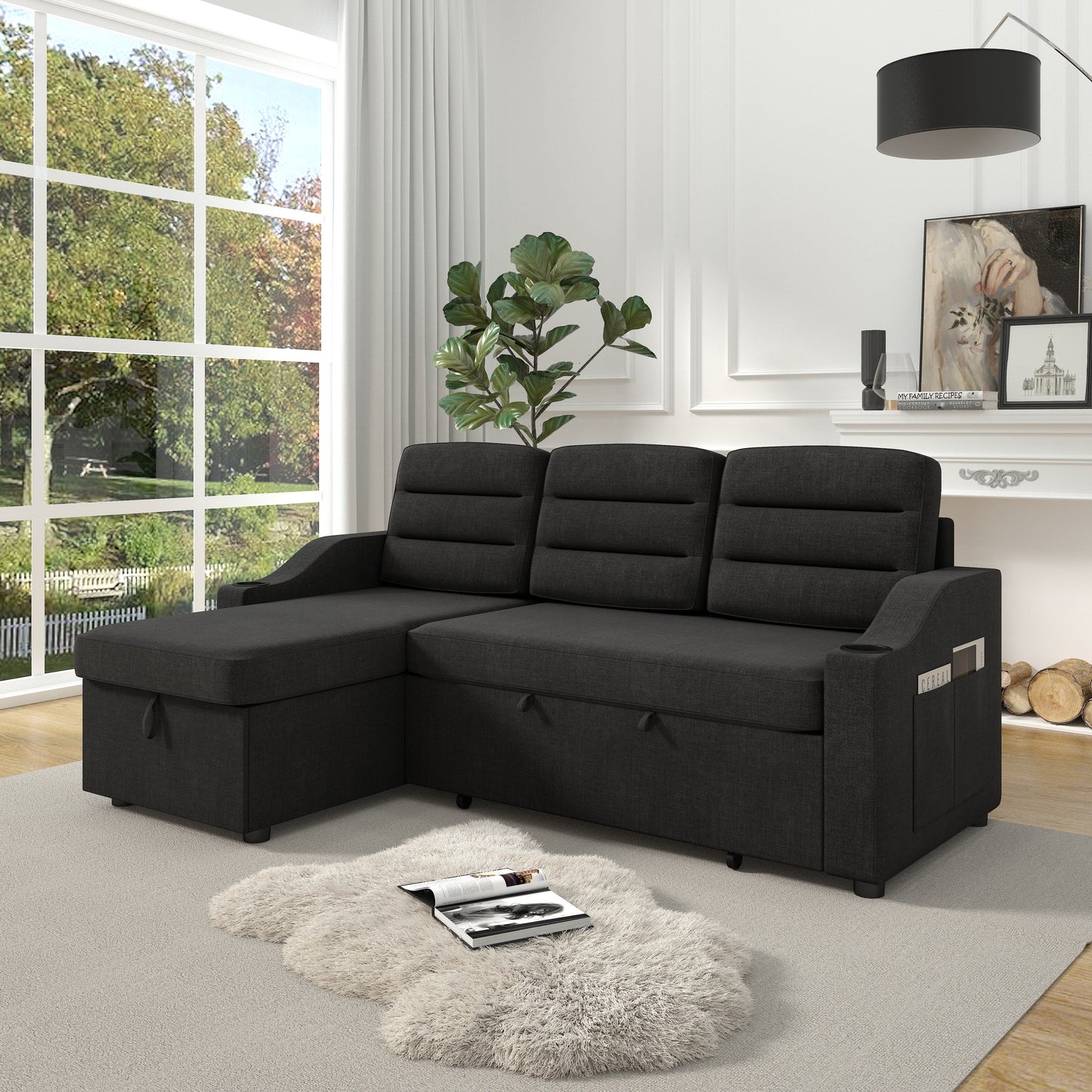 Divano letto trasformabile in poliestere da 83,5'' a 3 posti con letto estraibile, poltrona reclinabile con contenitore, portabicchieri e tasche laterali