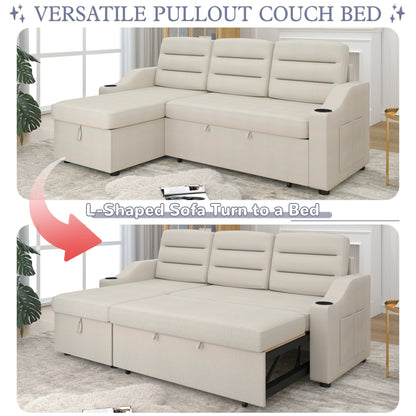 Divano letto trasformabile in poliestere da 83,5'' a 3 posti con letto estraibile, poltrona reclinabile con contenitore, portabicchieri e tasche laterali
