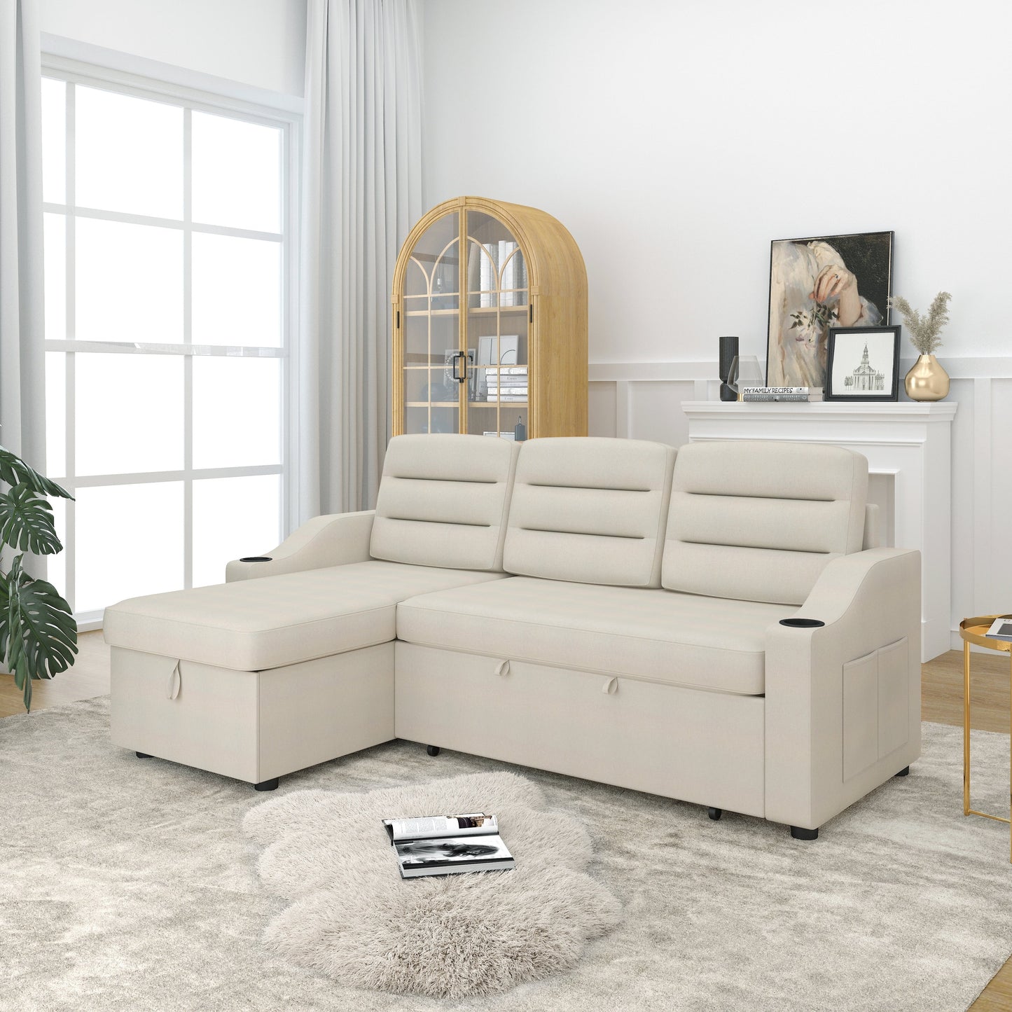 Divano letto trasformabile in poliestere da 83,5'' a 3 posti con letto estraibile, poltrona reclinabile con contenitore, portabicchieri e tasche laterali