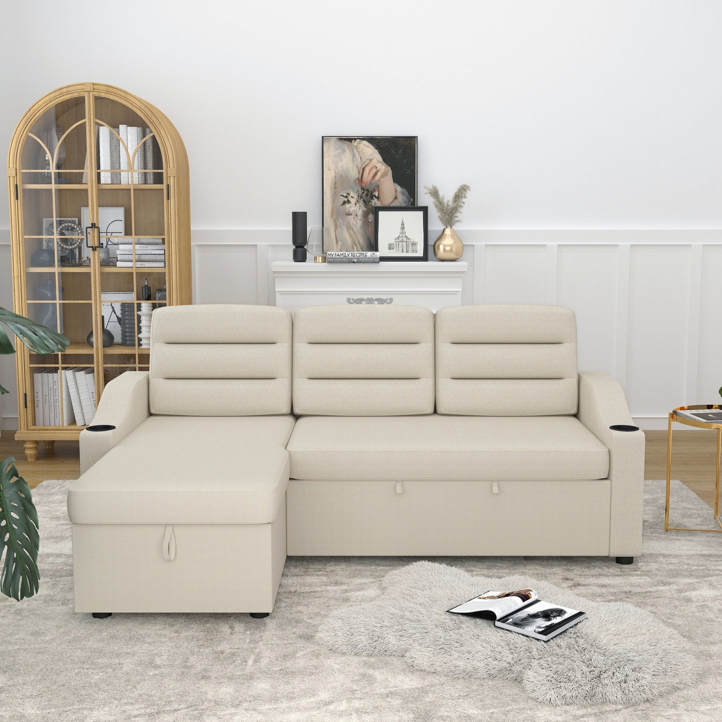 Divano letto trasformabile in poliestere da 83,5'' a 3 posti con letto estraibile, poltrona reclinabile con contenitore, portabicchieri e tasche laterali