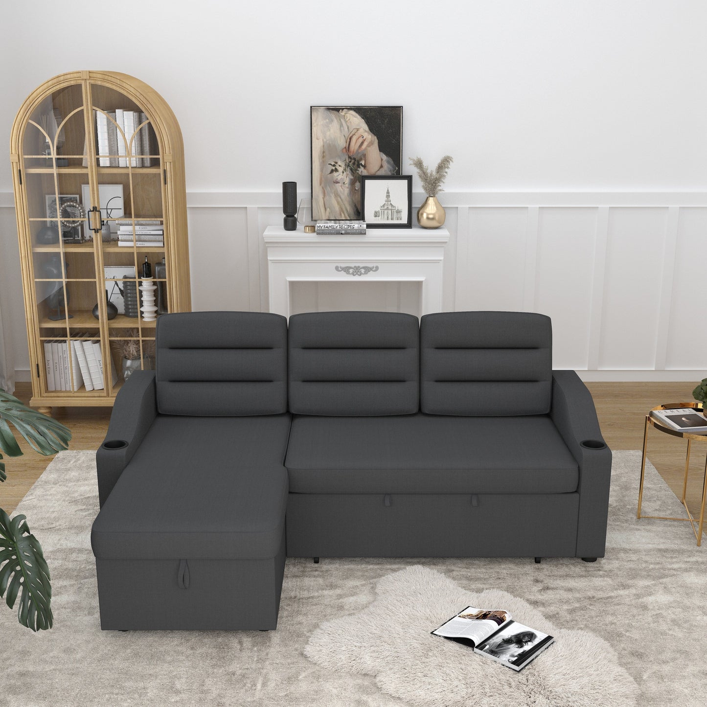 Divano letto trasformabile in poliestere da 83,5'' a 3 posti con letto estraibile, poltrona reclinabile con contenitore, portabicchieri e tasche laterali