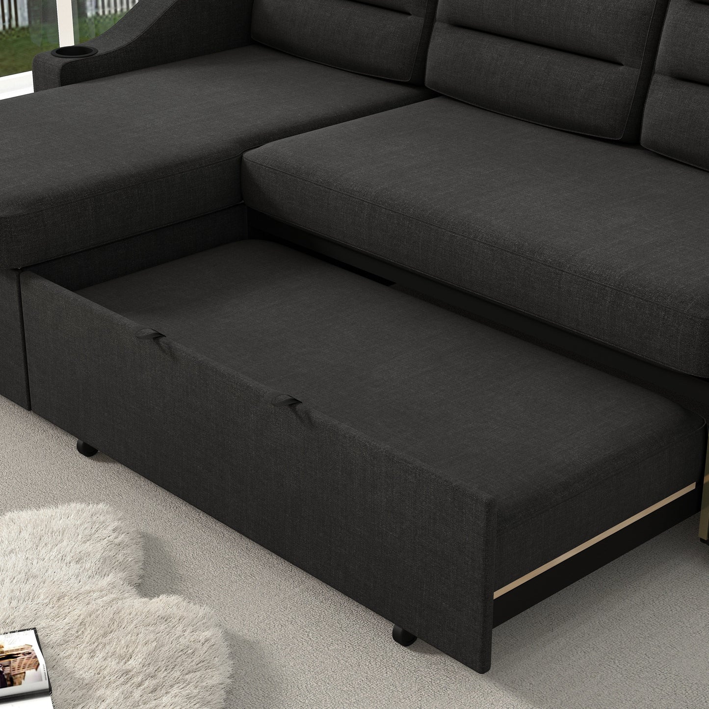 Divano letto trasformabile in poliestere da 83,5'' a 3 posti con letto estraibile, poltrona reclinabile con contenitore, portabicchieri e tasche laterali
