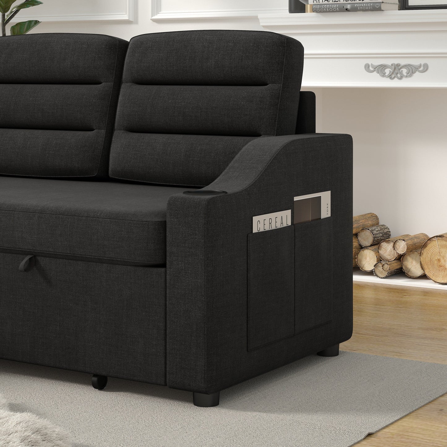 Divano letto trasformabile in poliestere da 83,5'' a 3 posti con letto estraibile, poltrona reclinabile con contenitore, portabicchieri e tasche laterali