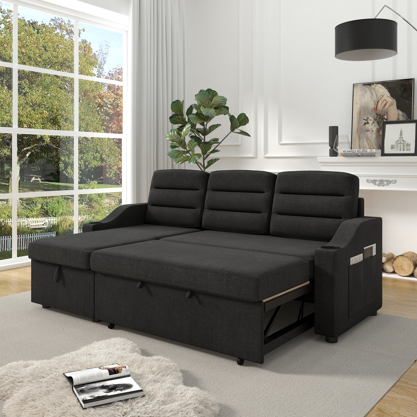 Divano letto trasformabile in poliestere da 83,5'' a 3 posti con letto estraibile, poltrona reclinabile con contenitore, portabicchieri e tasche laterali