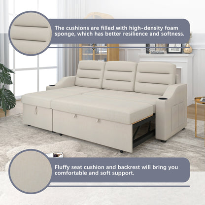 Divano letto trasformabile in poliestere da 83,5'' a 3 posti con letto estraibile, poltrona reclinabile con contenitore, portabicchieri e tasche laterali