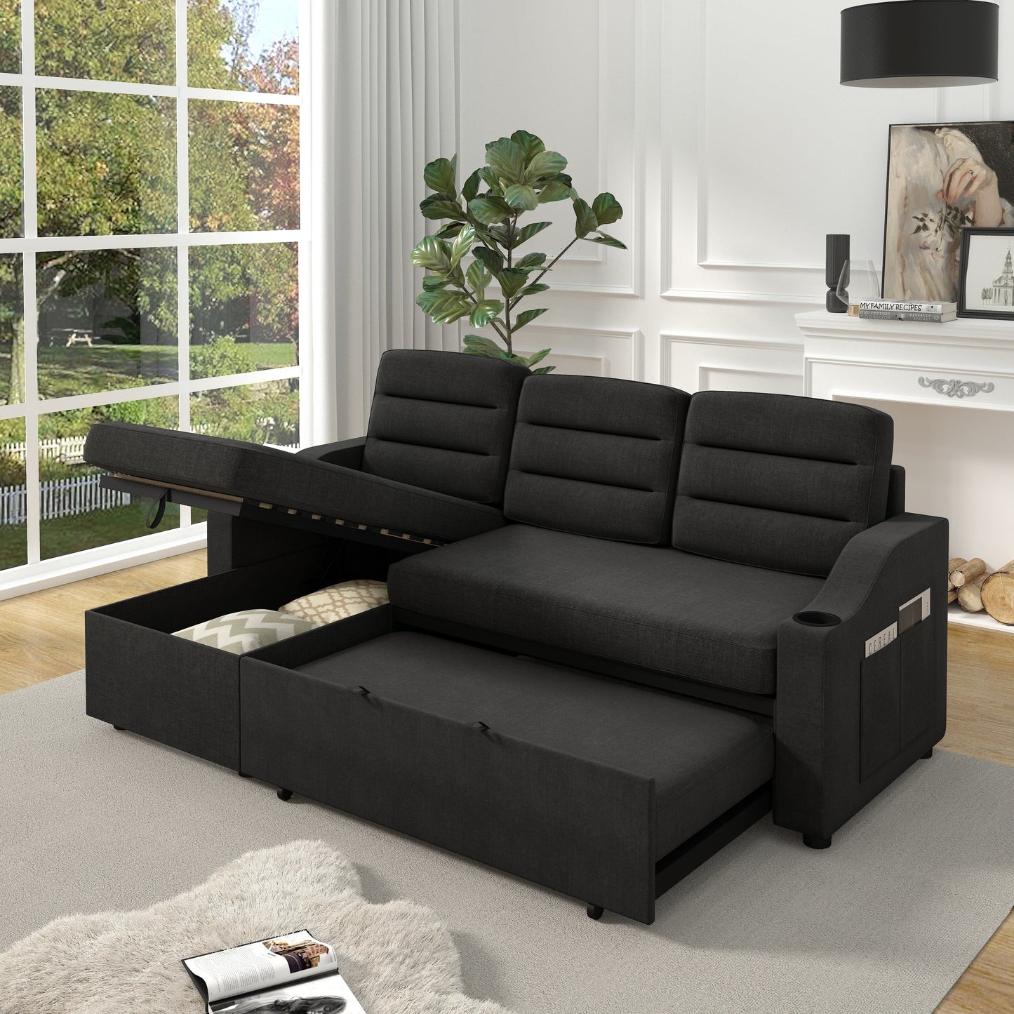 Divano letto trasformabile in poliestere da 83,5'' a 3 posti con letto estraibile, poltrona reclinabile con contenitore, portabicchieri e tasche laterali