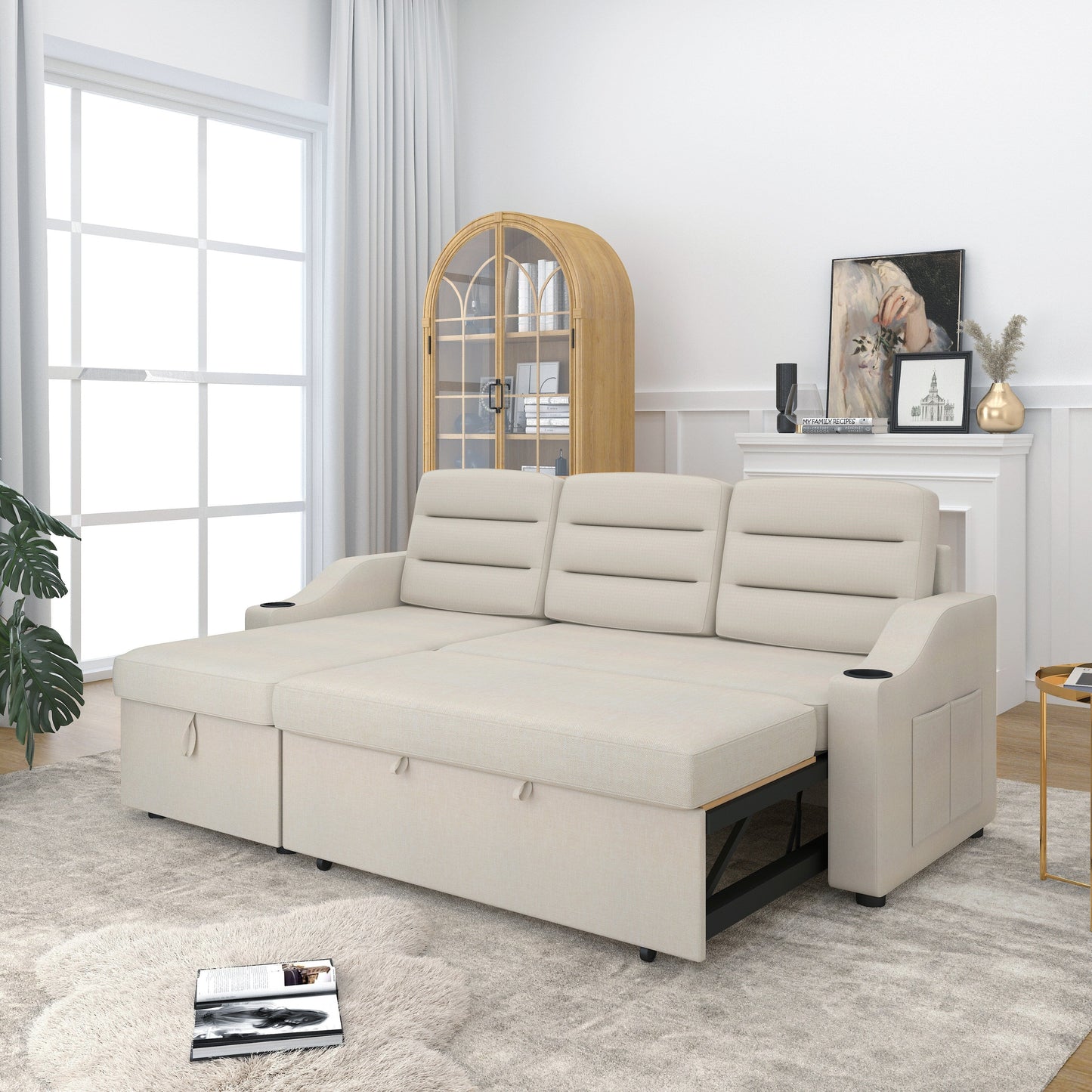 Divano letto trasformabile in poliestere da 83,5'' a 3 posti con letto estraibile, poltrona reclinabile con contenitore, portabicchieri e tasche laterali