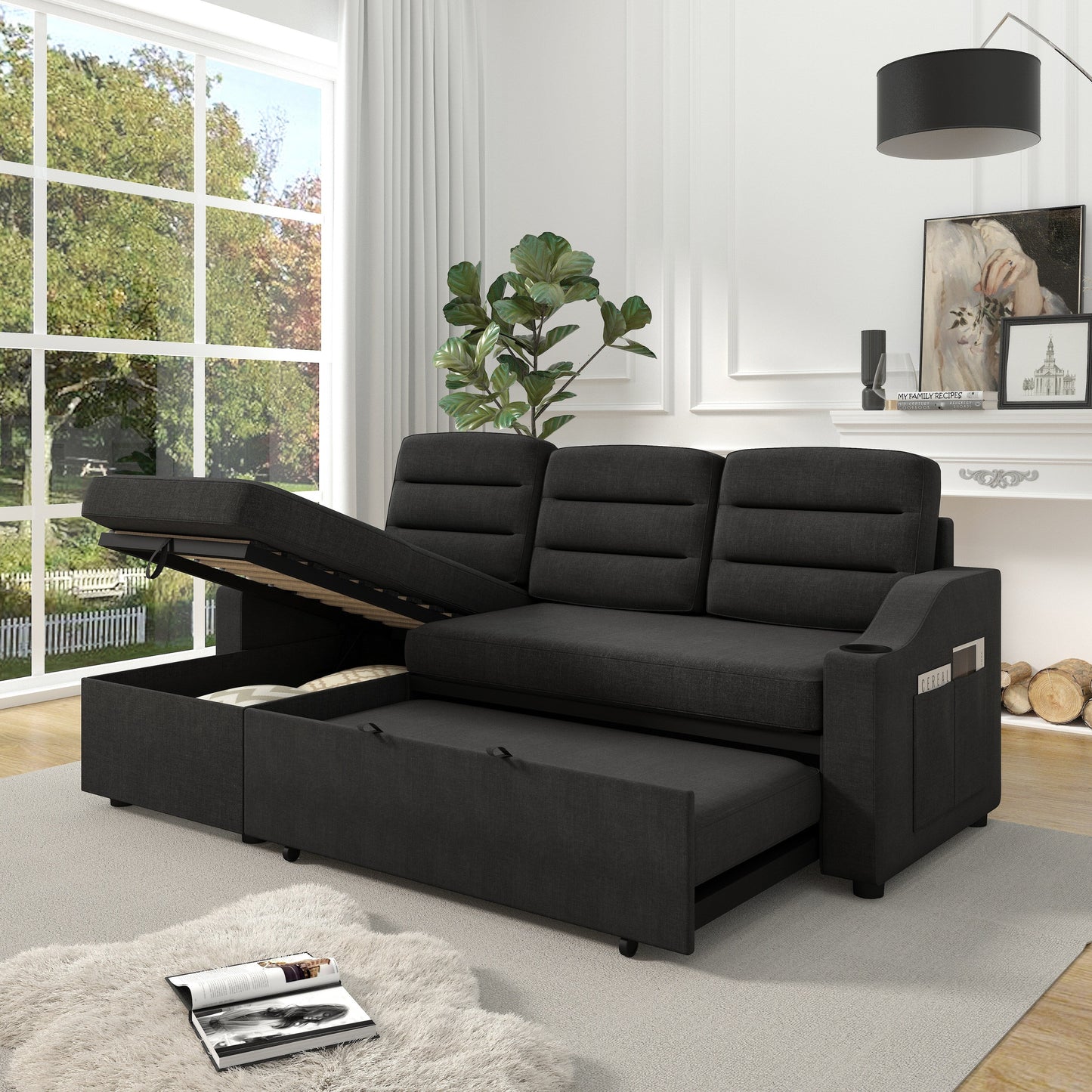 Divano letto trasformabile in poliestere da 83,5'' a 3 posti con letto estraibile, poltrona reclinabile con contenitore, portabicchieri e tasche laterali