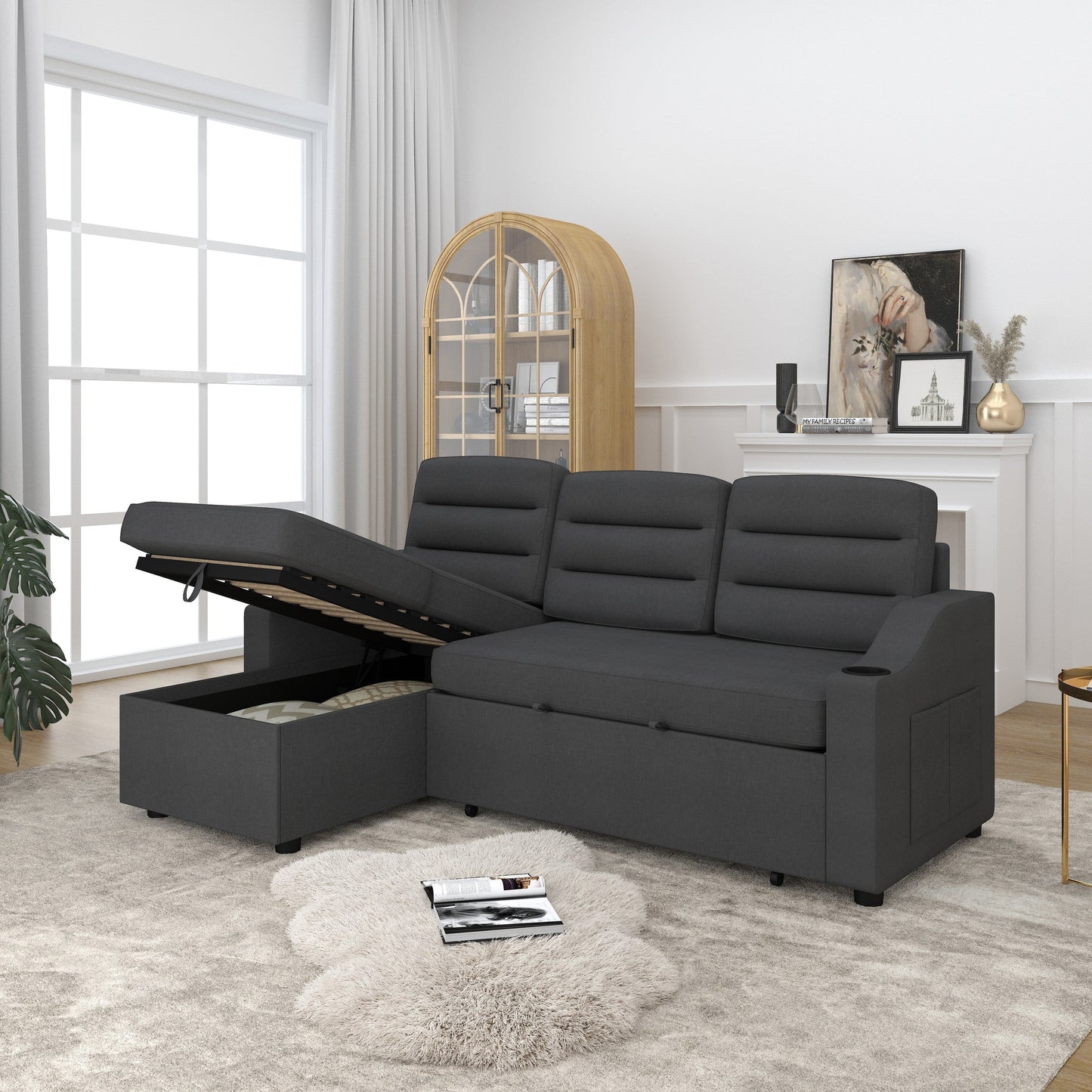 Divano letto trasformabile in poliestere da 83,5'' a 3 posti con letto estraibile, poltrona reclinabile con contenitore, portabicchieri e tasche laterali