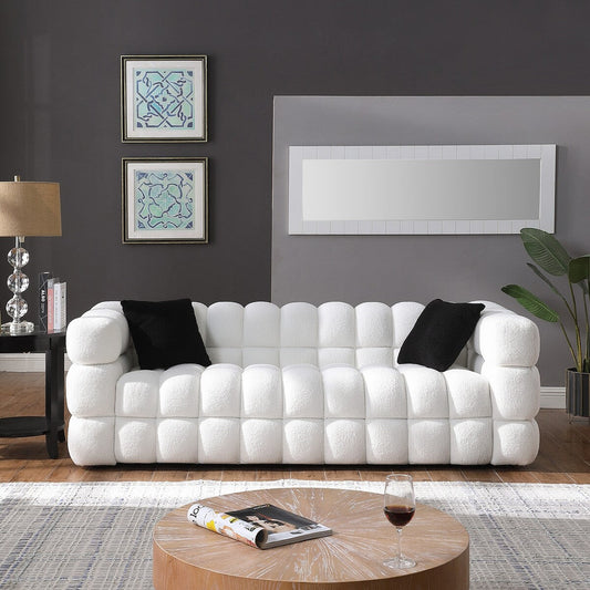 84.3 Lussuoso divano Boucle grande a 3 posti con rivestimento in marshmallow, 2 cuscini decorativi quadrati e bracciolo quadrato
