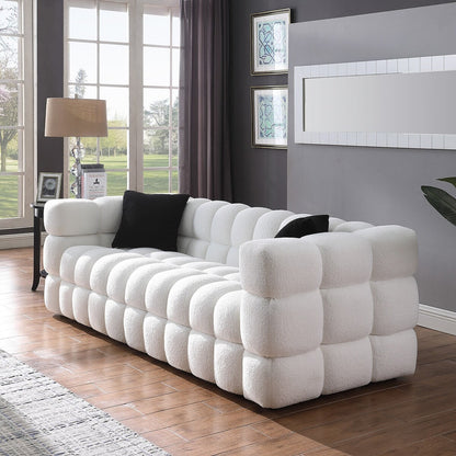 84.3 Lussuoso divano Boucle grande a 3 posti con rivestimento in marshmallow, 2 cuscini decorativi quadrati e bracciolo quadrato