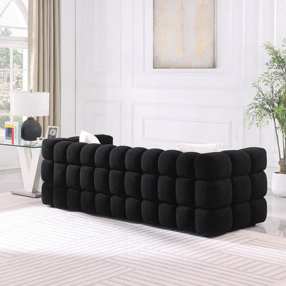 84.3 Lussuoso divano Boucle grande a 3 posti con rivestimento in marshmallow, 2 cuscini decorativi quadrati e bracciolo quadrato