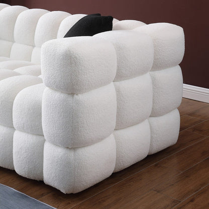 84.3 Lussuoso divano Boucle grande a 3 posti con rivestimento in marshmallow, 2 cuscini decorativi quadrati e bracciolo quadrato