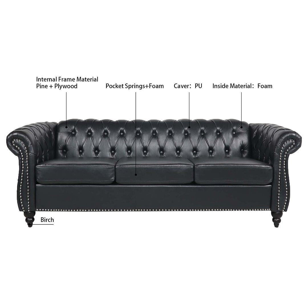 Divano Chesterfield in similpelle trapuntato da 84,65 pollici con braccioli arrotolati