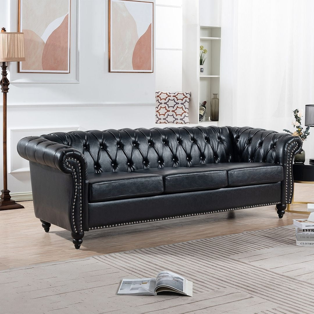 Divano Chesterfield in similpelle trapuntato da 84,65 pollici con braccioli arrotolati